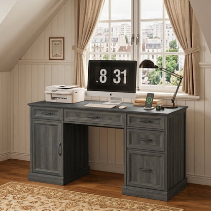 ASTUVIA Farmhouse 58" Computer Desk with Drawers,Wood Home Office Desk with Storage,Gaming Desk with Storage Shelves