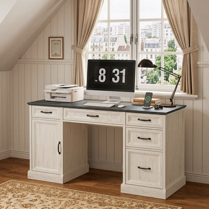 ASTUVIA Farmhouse 58" Computer Desk with Drawers,Wood Home Office Desk with Storage,Gaming Desk with Storage Shelves