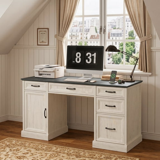 ASTUVIA Farmhouse 58" Computer Desk with Drawers,Wood Home Office Desk with Storage,Gaming Desk with Storage Shelves