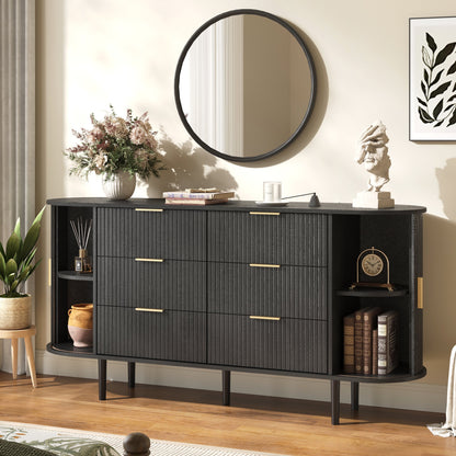 ASTUVIA Fluted 6 Drawers Dresser, 63'' Wide Modern Chest of Drawers with Sideboard,Curved Profile & Sturdy Legs, Dresser TV Stand for Bedroom, Living Room