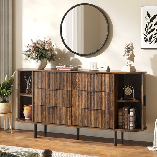 ASTUVIA Fluted 6 Drawers Dresser, 63'' Wide Modern Chest of Drawers with Sideboard,Curved Profile & Sturdy Legs, Dresser TV Stand for Bedroom, Living Room