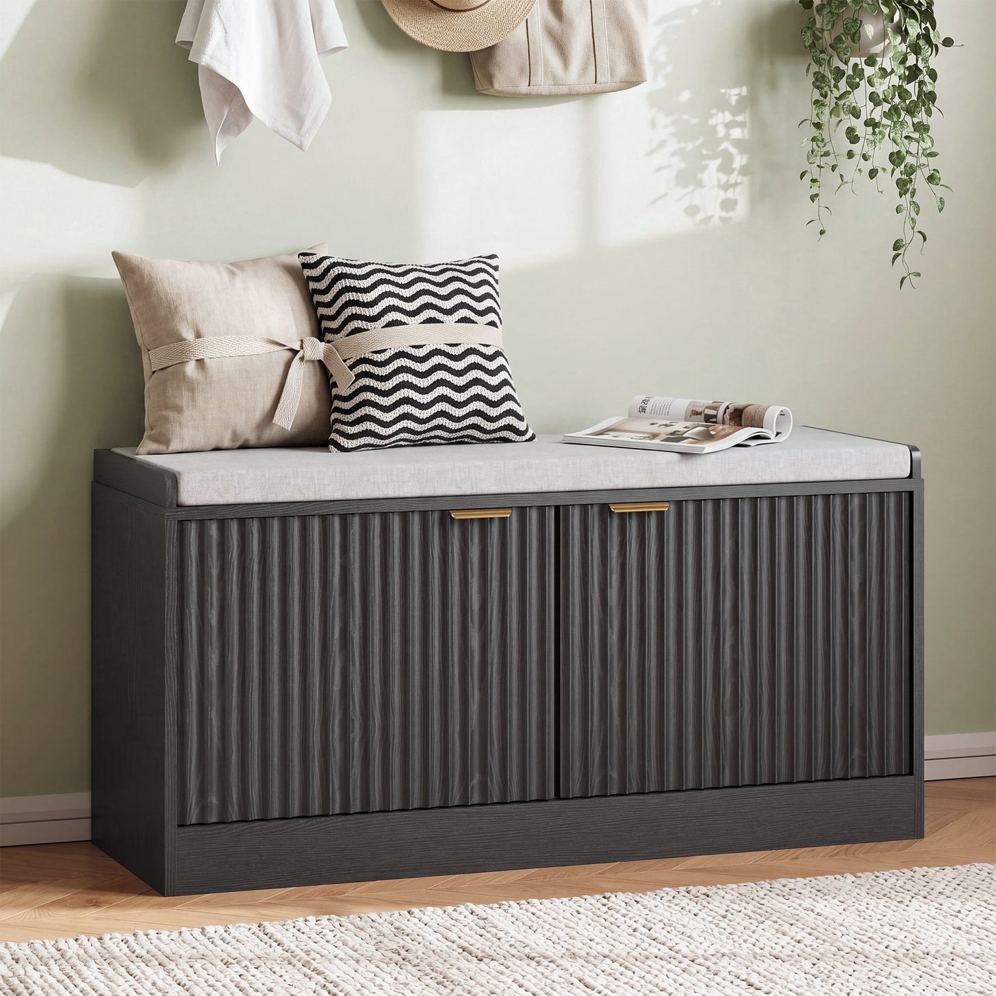 ASTUVIA Fluted Shoe Bench with Cushion, 2-Tier Shoe Storage Bench with Adjustable Shelves, Shoe Cabinet with Bench for Hallway