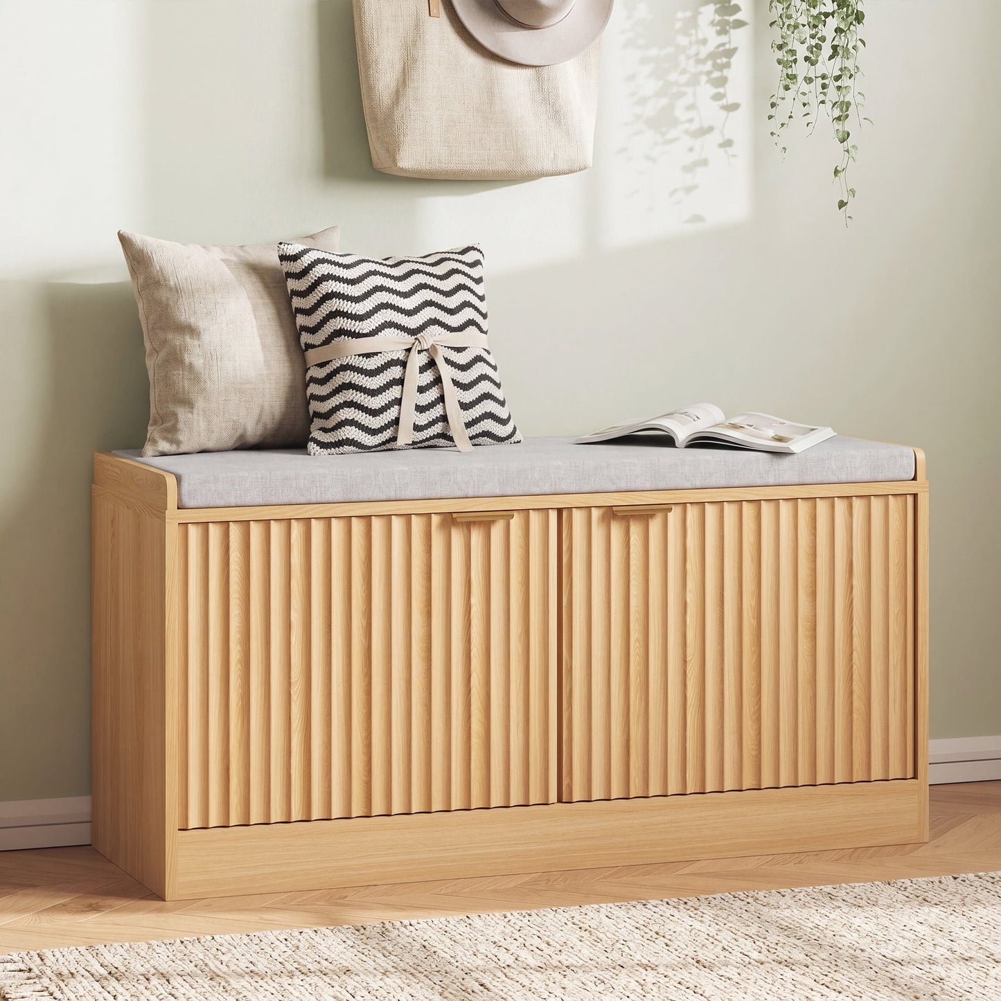 ASTUVIA Fluted Shoe Bench with Cushion, 2-Tier Shoe Storage Bench with Adjustable Shelves, Shoe Cabinet with Bench for Hallway