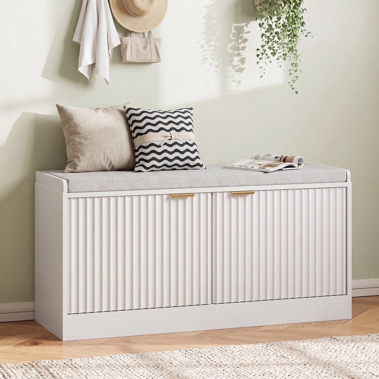 ASTUVIA Fluted Shoe Bench with Cushion, 2-Tier Shoe Storage Bench with Adjustable Shelves, Shoe Cabinet with Bench for Hallway