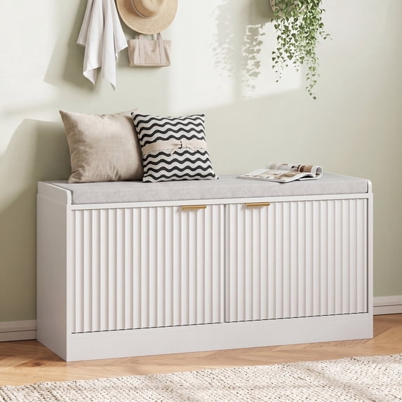 ASTUVIA Fluted Shoe Bench with Cushion, 2-Tier Shoe Storage Bench with Adjustable Shelves, Shoe Cabinet with Bench for Hallway