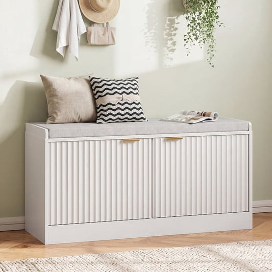 ASTUVIA Fluted Shoe Bench with Cushion, 2-Tier Shoe Storage Bench with Adjustable Shelves, Shoe Cabinet with Bench for Hallway