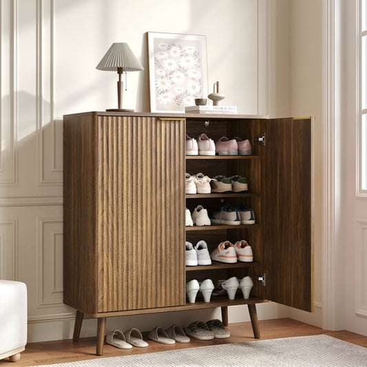 ASTUVIA Fluted Shoe Storage Cabinet with Two Doors for Adult,5-Tier Wood Shoe Rack Organizer with Adjustable Shelves for Entryway