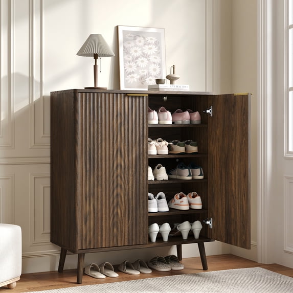 ASTUVIA Fluted Shoe Storage Cabinet with Two Doors for Adult,5-Tier Wood Shoe Rack Organizer with Adjustable Shelves for Entryway