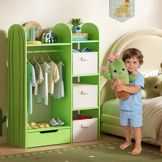 ASTUVIA Kids Clothing Rack with Drawers, Kids Dress Up Storage for Coats, Wood Closet with Fabric Drawers for Bedroom Playroom,Green