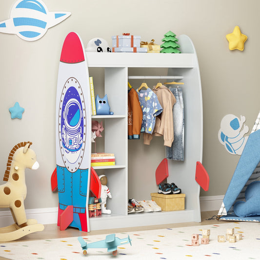 ASTUVIA Kids Dress Up Storage with Mirror, Rocket Shape Kids Clothing Rack with Storage Shelves for Bedroom,Playroom