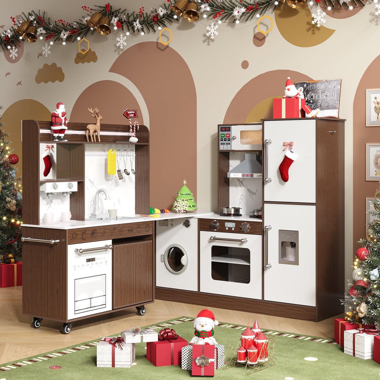 ASTUVIA Wooden Play Kitchen For Kids With Realistic Lights & Sounds, Smart Storage, Pretend Ice Maker, Sink, Stove, Inspiring Creative Role Play Toy