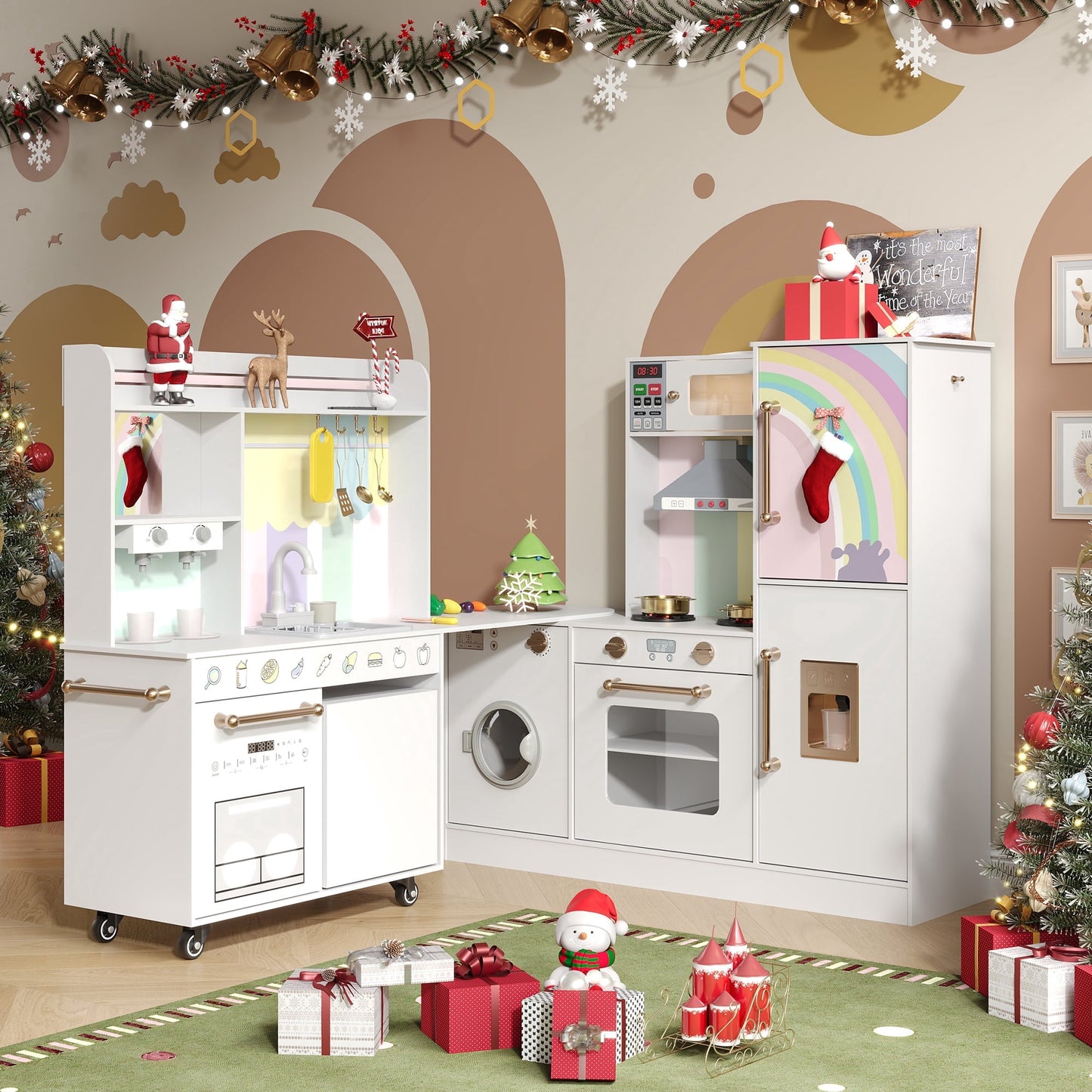 ASTUVIA Wooden Play Kitchen For Kids With Realistic Lights & Sounds, Smart Storage, Pretend Ice Maker, Sink, Stove, Inspiring Creative Role Play Toy