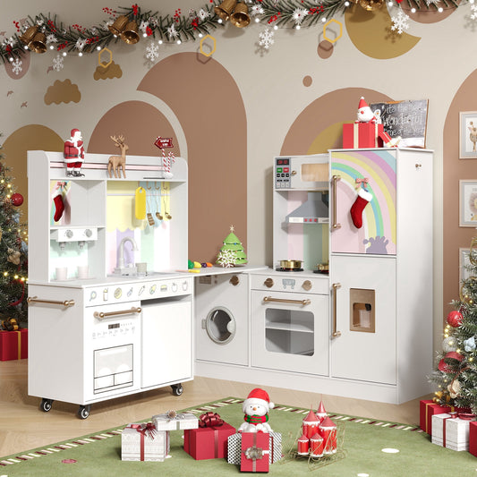 ASTUVIA Wooden Play Kitchen For Kids With Realistic Lights & Sounds, Smart Storage, Pretend Ice Maker, Sink, Stove, Inspiring Creative Role Play Toy
