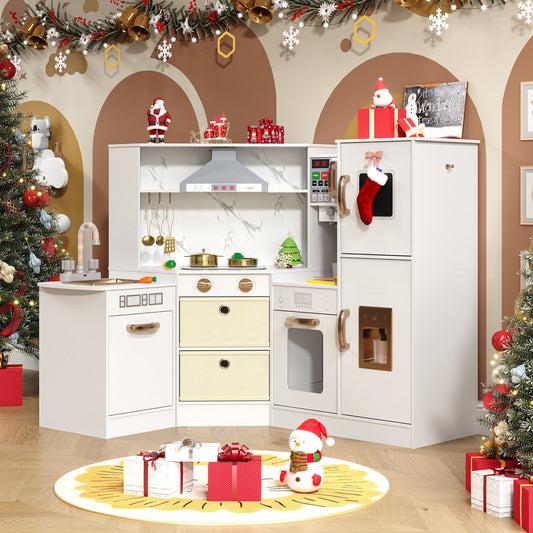 ASTUVIA Wooden Play Kitchen For Kids With Realistic Lights & Sounds, Smart Storage, Pretend Ice Maker, Sink, Stove, Inspiring Creative Role Play Toy