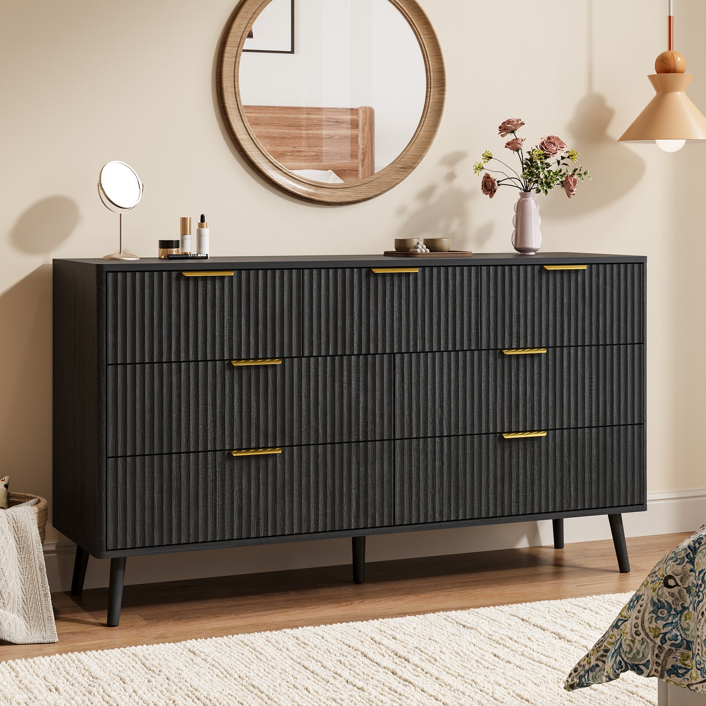 YouTrend Fluted 6 Drawers Dresser, 55.1" Wide Modern Chest of Drawers with Wood Foot, Dresser TV Stand Up to 65 Inch TV, Wood Drawer Organizer for Bedroom, Living Room, Hallway