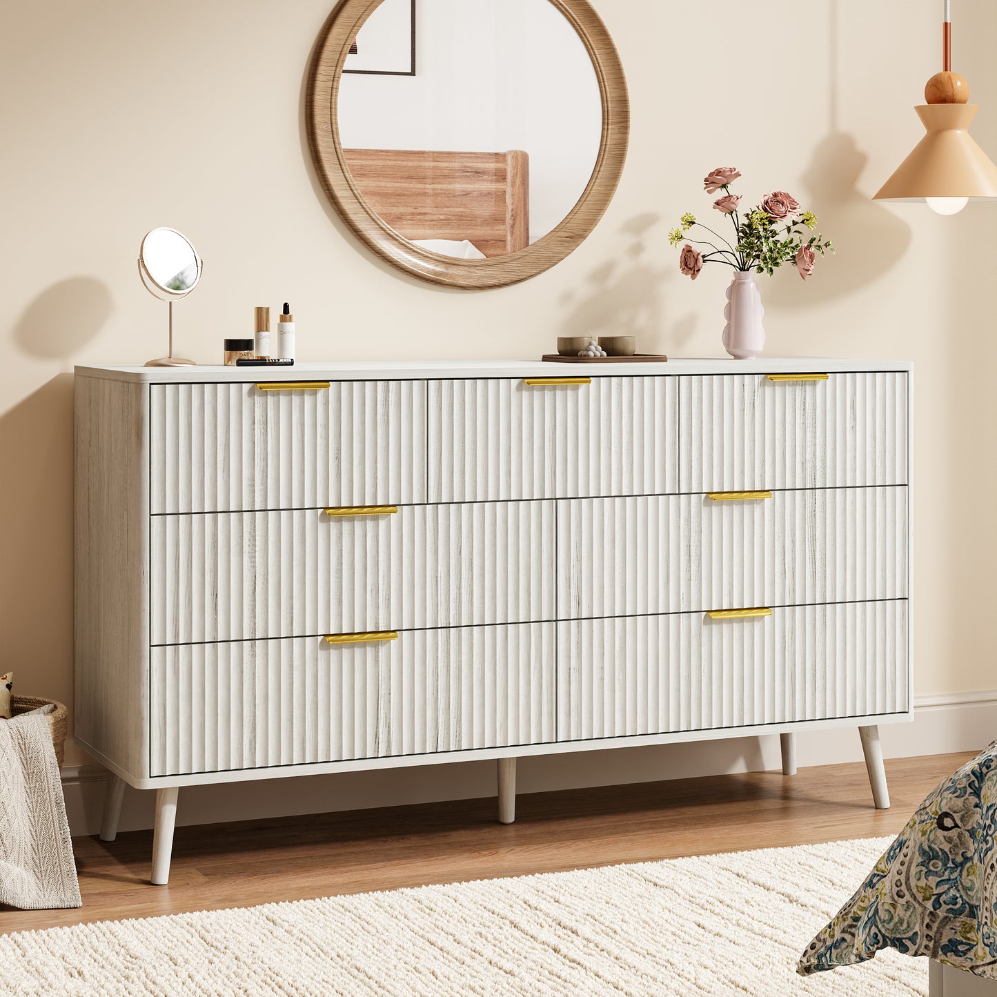 YouTrend Fluted 6 Drawers Dresser, 55.1" Wide Modern Chest of Drawers with Wood Foot, Dresser TV Stand Up to 65 Inch TV, Wood Drawer Organizer for Bedroom, Living Room, Hallway