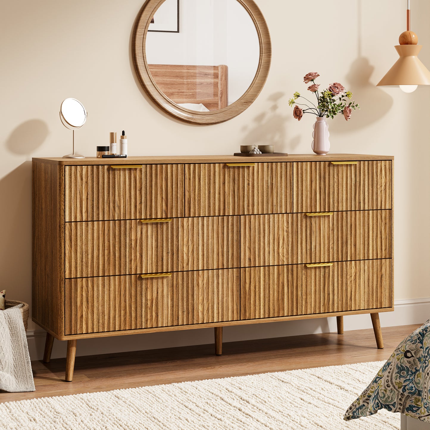 YouTrend Fluted 6 Drawers Dresser, 55.1" Wide Modern Chest of Drawers with Wood Foot, Dresser TV Stand Up to 65 Inch TV, Wood Drawer Organizer for Bedroom, Living Room, Hallway