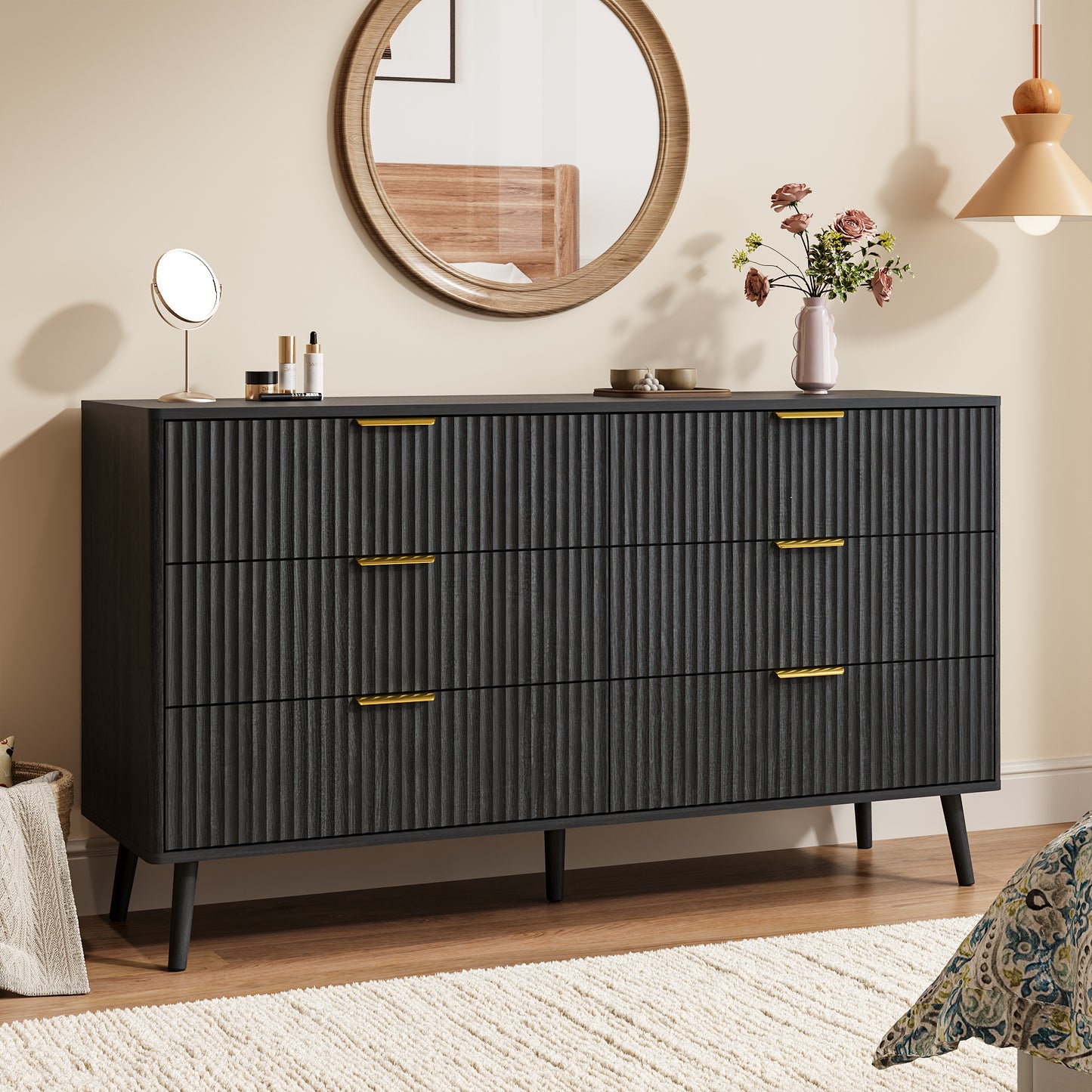 YouTrend Fluted 6 Drawers Dresser, 55.1" Wide Modern Chest of Drawers with Wood Foot, Dresser TV Stand Up to 65 Inch TV, Wood Drawer Organizer for Bedroom, Living Room, Hallway