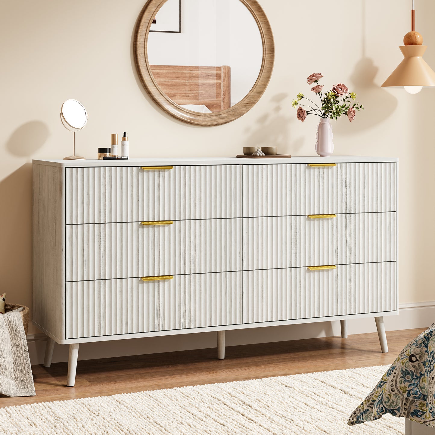 YouTrend Fluted 6 Drawers Dresser, 55.1" Wide Modern Chest of Drawers with Wood Foot, Dresser TV Stand Up to 65 Inch TV, Wood Drawer Organizer for Bedroom, Living Room, Hallway