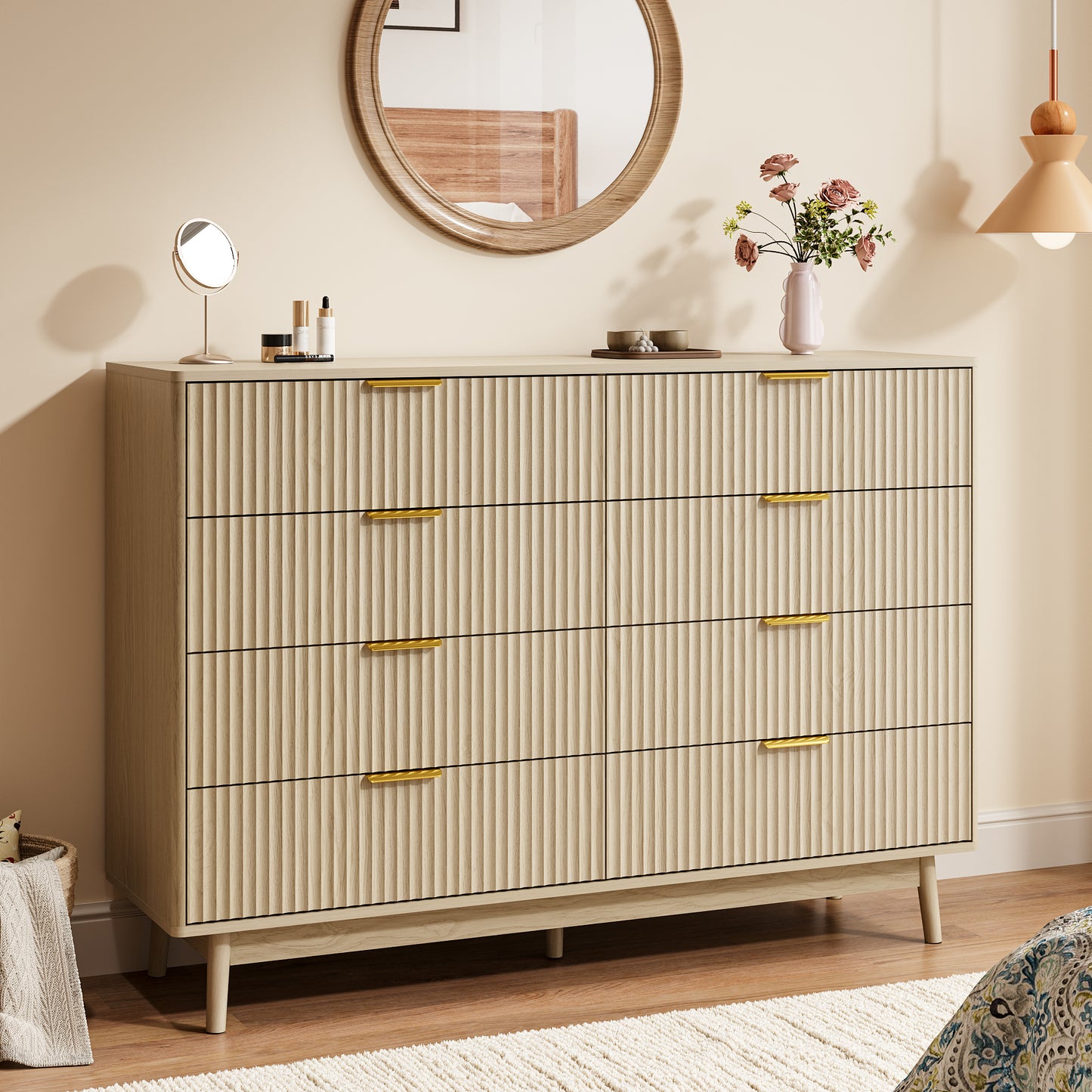 YouTrend Fluted 6 Drawers Dresser, 55.1" Wide Modern Chest of Drawers with Wood Foot, Dresser TV Stand Up to 65 Inch TV, Wood Drawer Organizer for Bedroom, Living Room, Hallway
