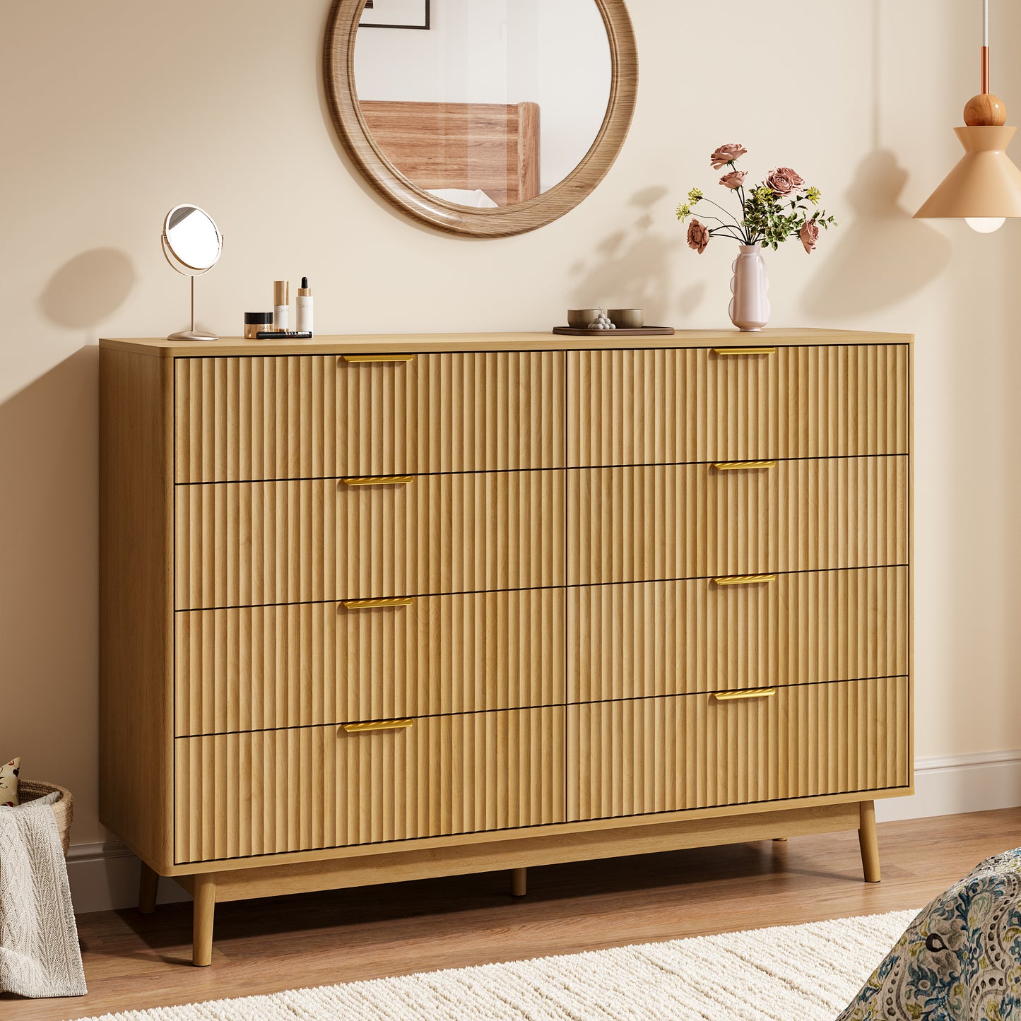 YouTrend Fluted 6 Drawers Dresser, 55.1" Wide Modern Chest of Drawers with Wood Foot, Dresser TV Stand Up to 65 Inch TV, Wood Drawer Organizer for Bedroom, Living Room, Hallway