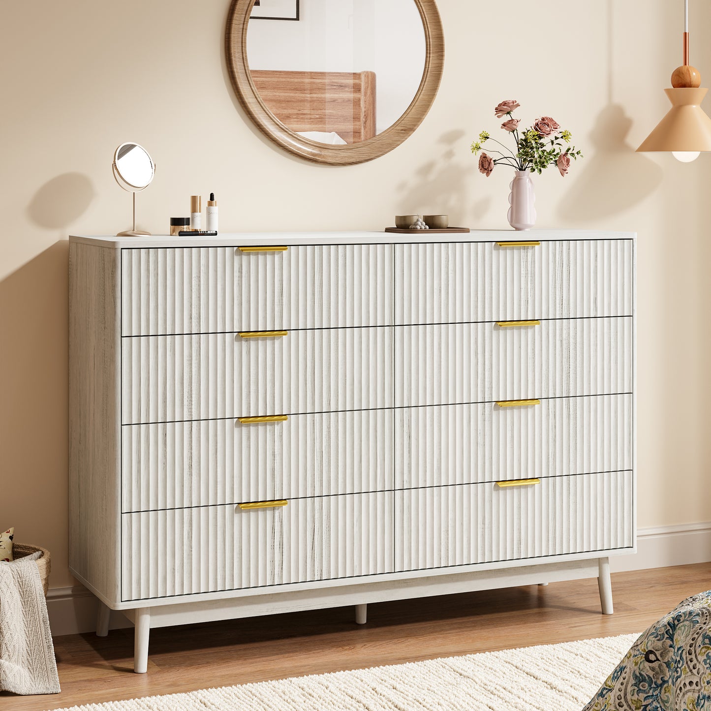 YouTrend Fluted 6 Drawers Dresser, 55.1" Wide Modern Chest of Drawers with Wood Foot, Dresser TV Stand Up to 65 Inch TV, Wood Drawer Organizer for Bedroom, Living Room, Hallway