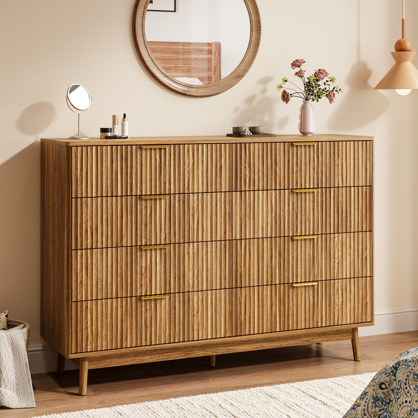 YouTrend Fluted 6 Drawers Dresser, 55.1" Wide Modern Chest of Drawers with Wood Foot, Dresser TV Stand Up to 65 Inch TV, Wood Drawer Organizer for Bedroom, Living Room, Hallway