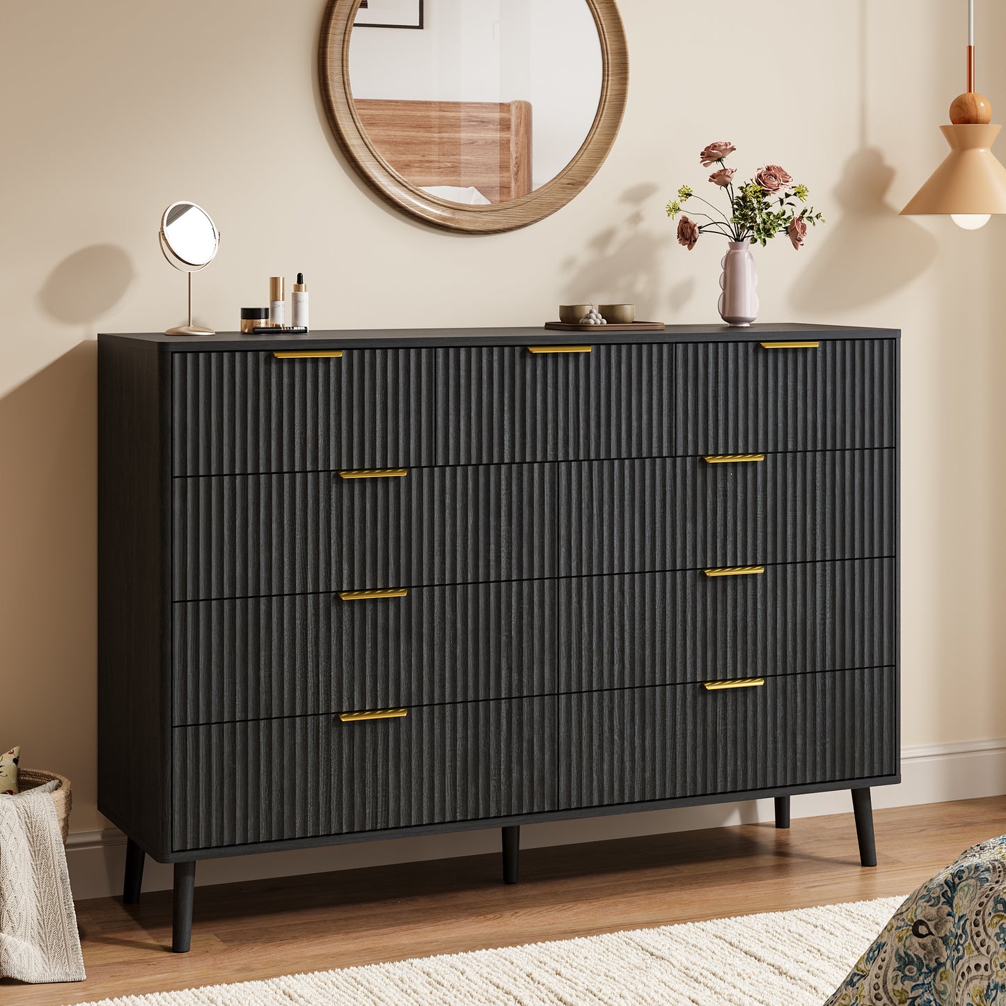YouTrend Fluted 6 Drawers Dresser, 55.1" Wide Modern Chest of Drawers with Wood Foot, Dresser TV Stand Up to 65 Inch TV, Wood Drawer Organizer for Bedroom, Living Room, Hallway