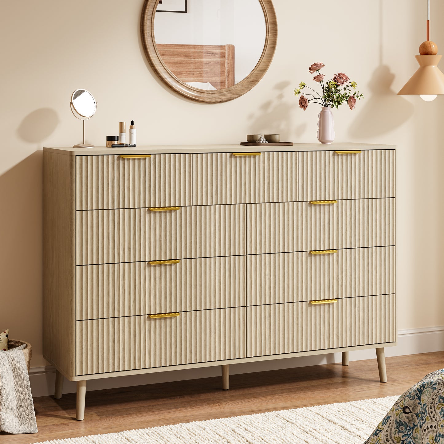 YouTrend Fluted 6 Drawers Dresser, 55.1" Wide Modern Chest of Drawers with Wood Foot, Dresser TV Stand Up to 65 Inch TV, Wood Drawer Organizer for Bedroom, Living Room, Hallway