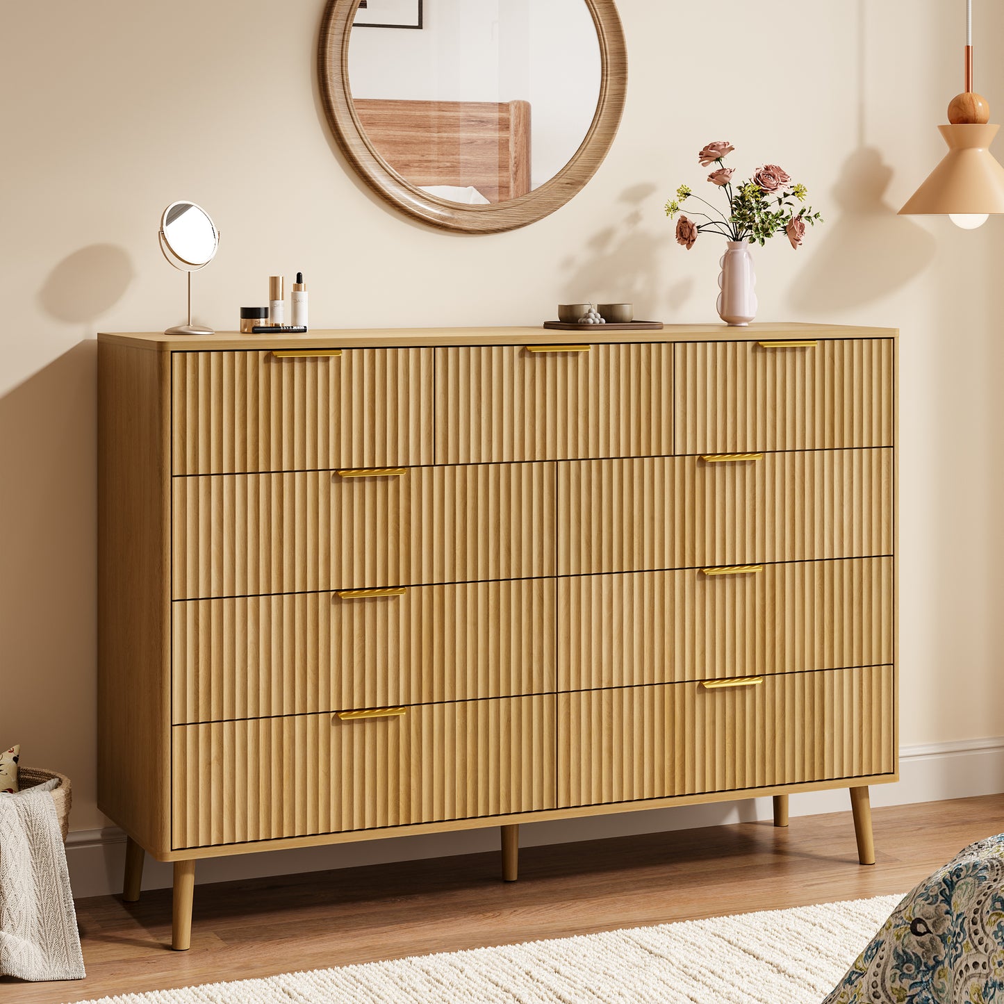 YouTrend Fluted 6 Drawers Dresser, 55.1" Wide Modern Chest of Drawers with Wood Foot, Dresser TV Stand Up to 65 Inch TV, Wood Drawer Organizer for Bedroom, Living Room, Hallway