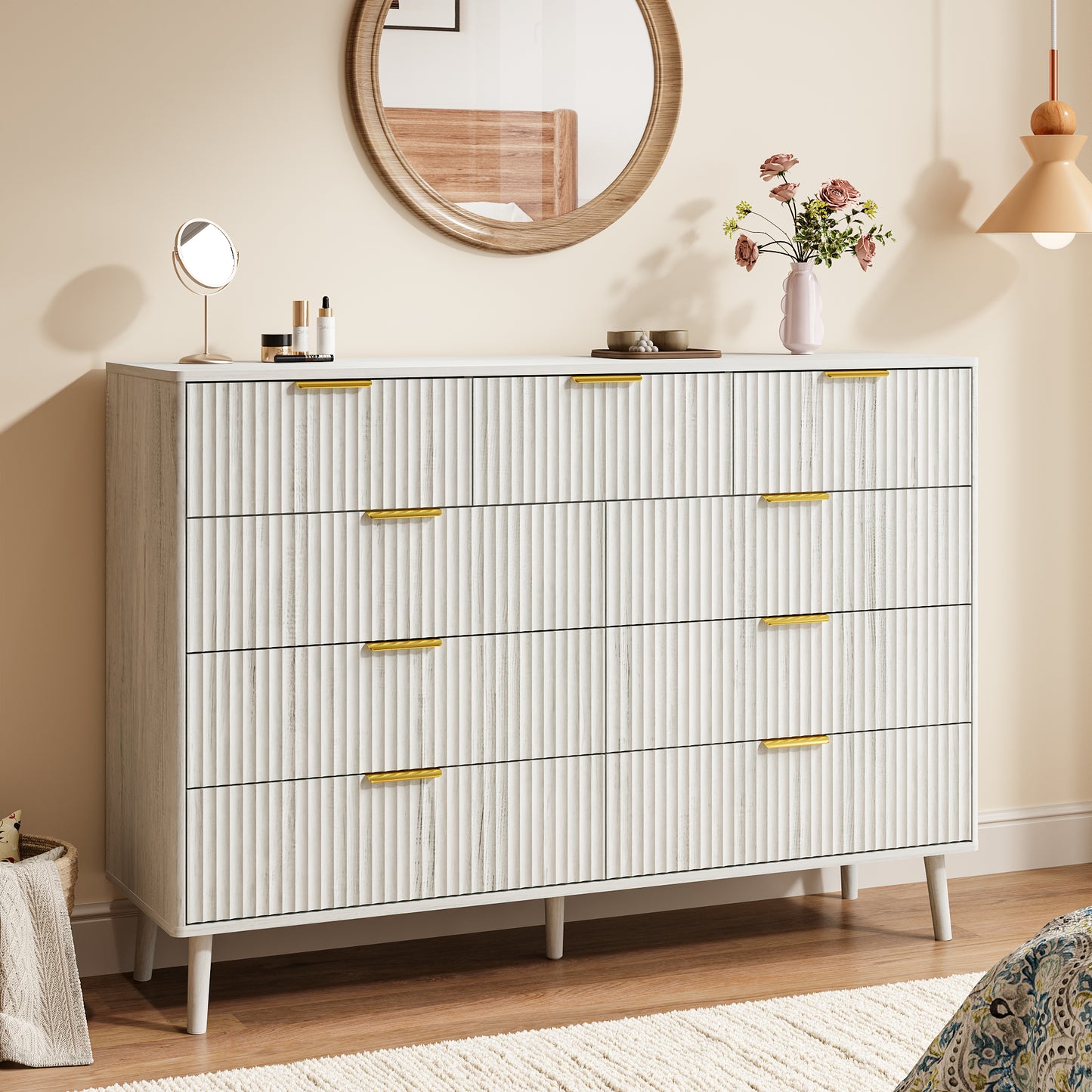 YouTrend Fluted 6 Drawers Dresser, 55.1" Wide Modern Chest of Drawers with Wood Foot, Dresser TV Stand Up to 65 Inch TV, Wood Drawer Organizer for Bedroom, Living Room, Hallway