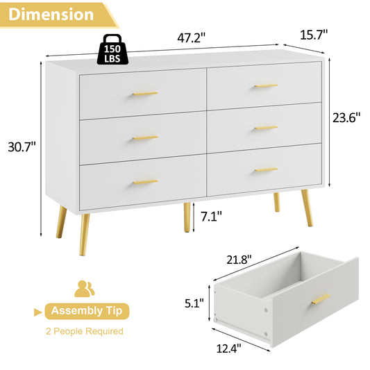 6 Drawer Double Dresser, Wood Storage Cabinet with Metal Handles for Living Room,Bedroom