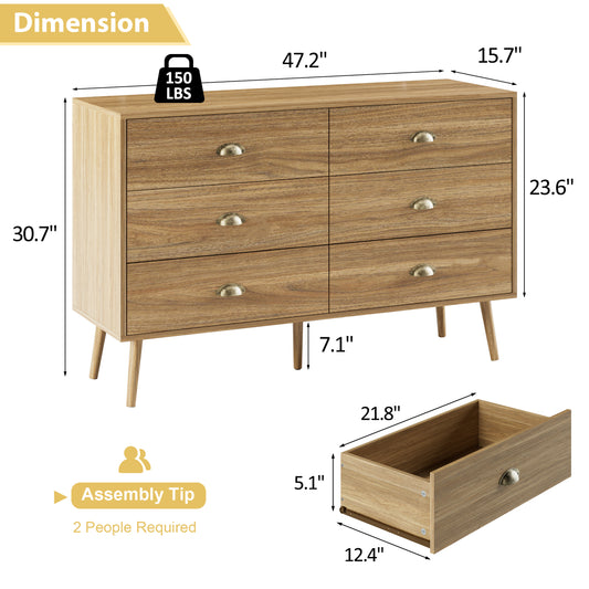 Mid-Century 6 Drawer Dresser with Shell-shape Handles,Wood Storage Cabinet for Living Room,Bedroom