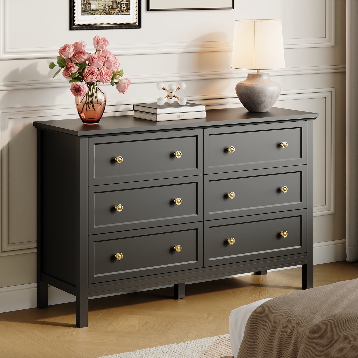 Dresser with 6 Drawer for Bedroom,Traditional Adult Chest of Drawers with Golden Handles for Living Room,Hallway,Nursery