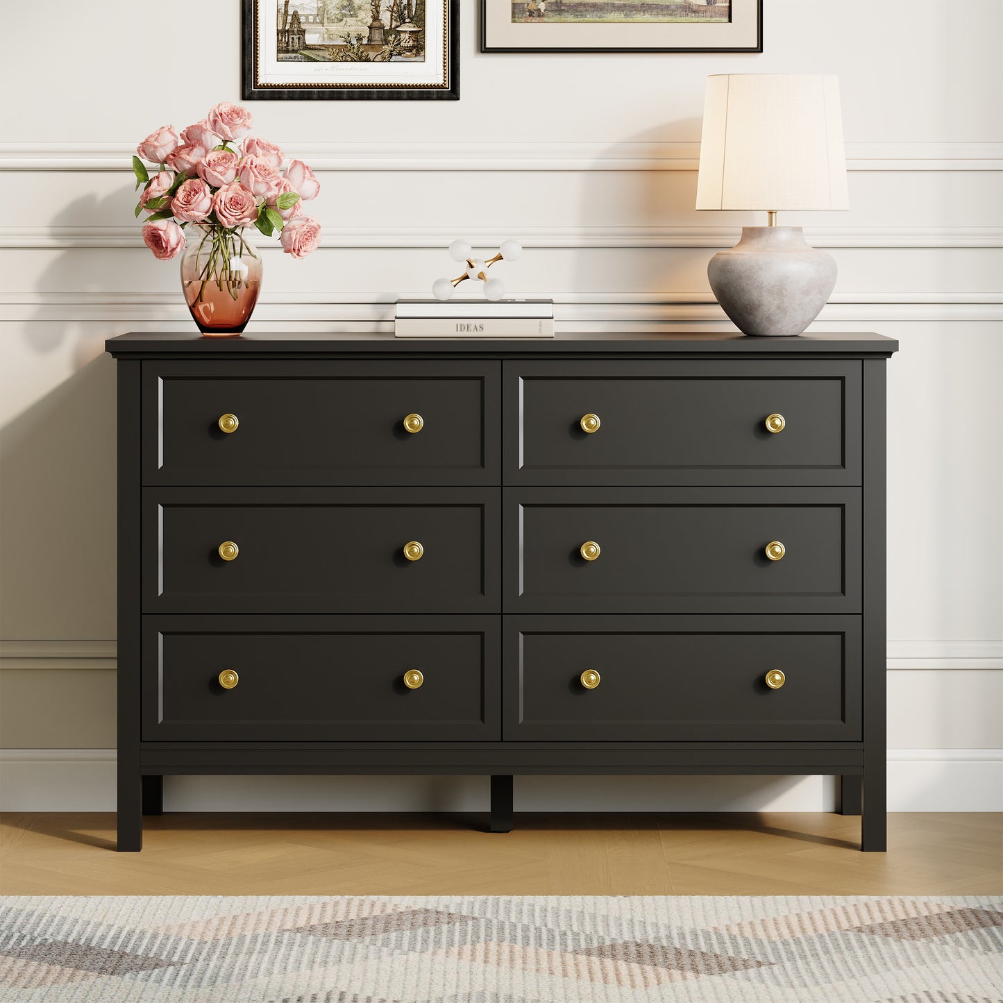 Dresser with 6 Drawer for Bedroom,Traditional Adult Chest of Drawers with Golden Handles for Living Room,Hallway,Nursery