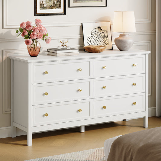 Dresser with 6 Large Drawer for Bedroom,Traditional Adult Chest of Drawers with Golden Handles for Living Room,Hallway,Nursery