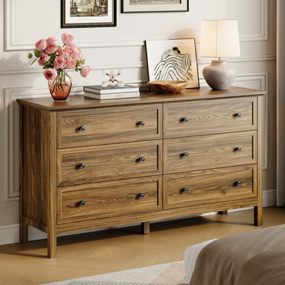 Dresser with 6 Large Drawer for Bedroom,Traditional Adult Chest of Drawers with Golden Handles for Living Room,Hallway,Nursery