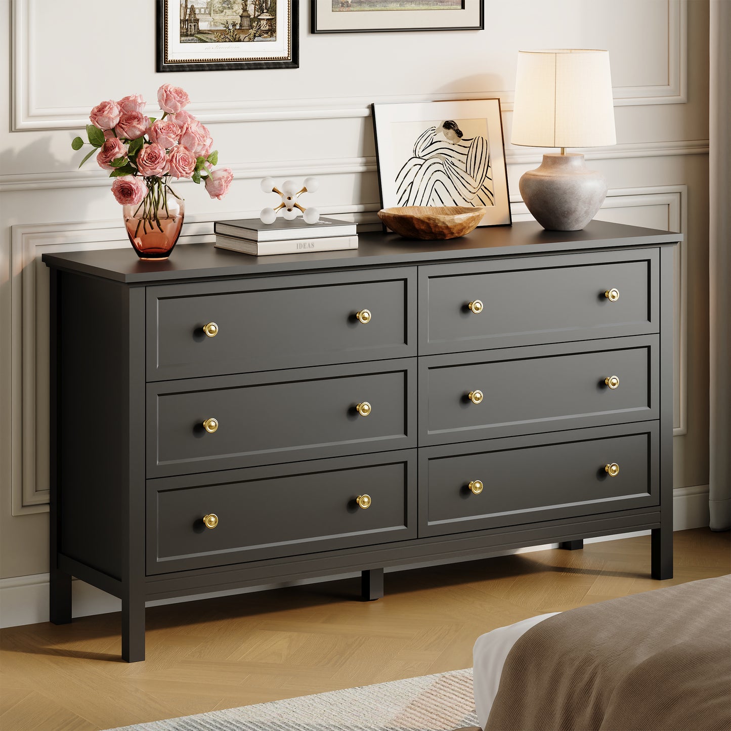 Dresser with 6 Large Drawer for Bedroom,Traditional Adult Chest of Drawers with Golden Handles for Living Room,Hallway,Nursery