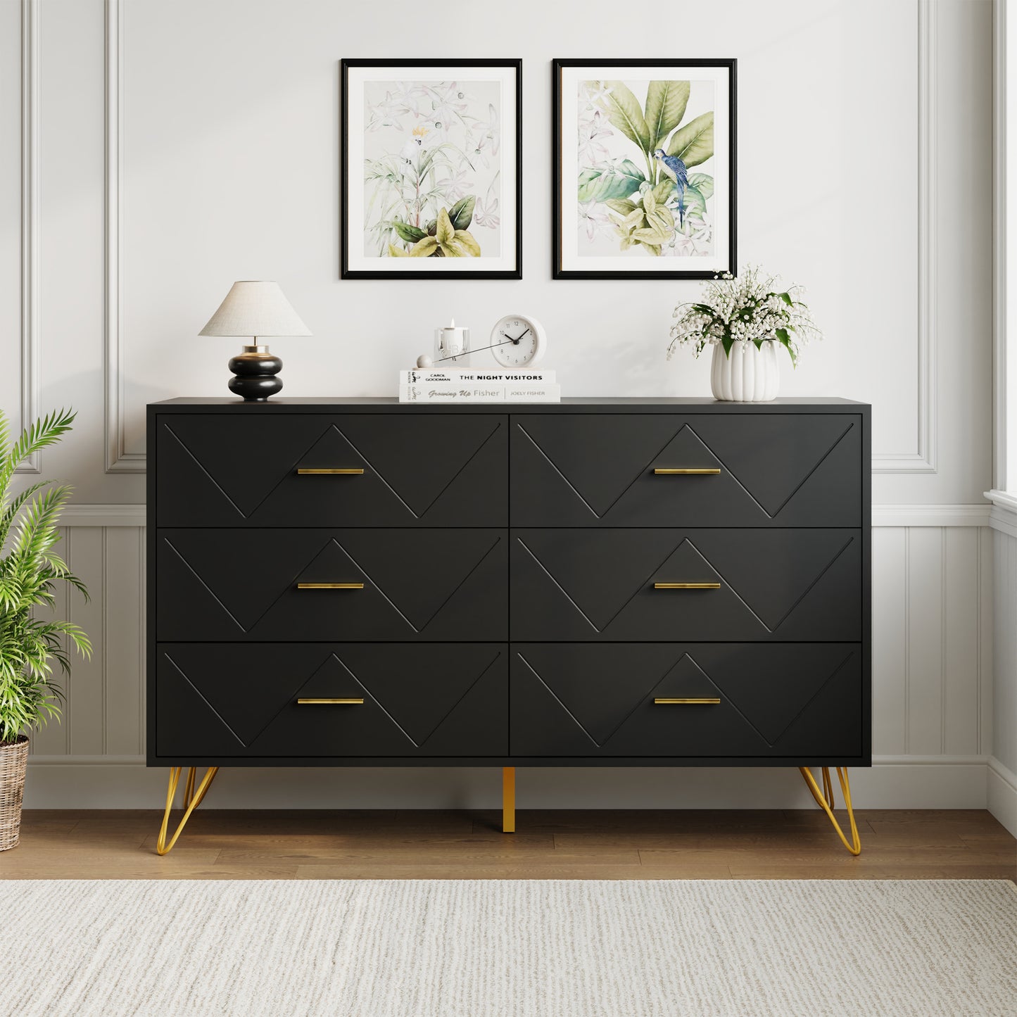 6 Drawer Dresser Double Dresser Storage Cabinet with W Pattern for Living Room, Hallway, Nursery