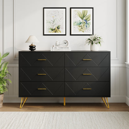 6 Drawer Dresser Double Dresser Storage Cabinet with W Pattern for Living Room, Hallway, Nursery