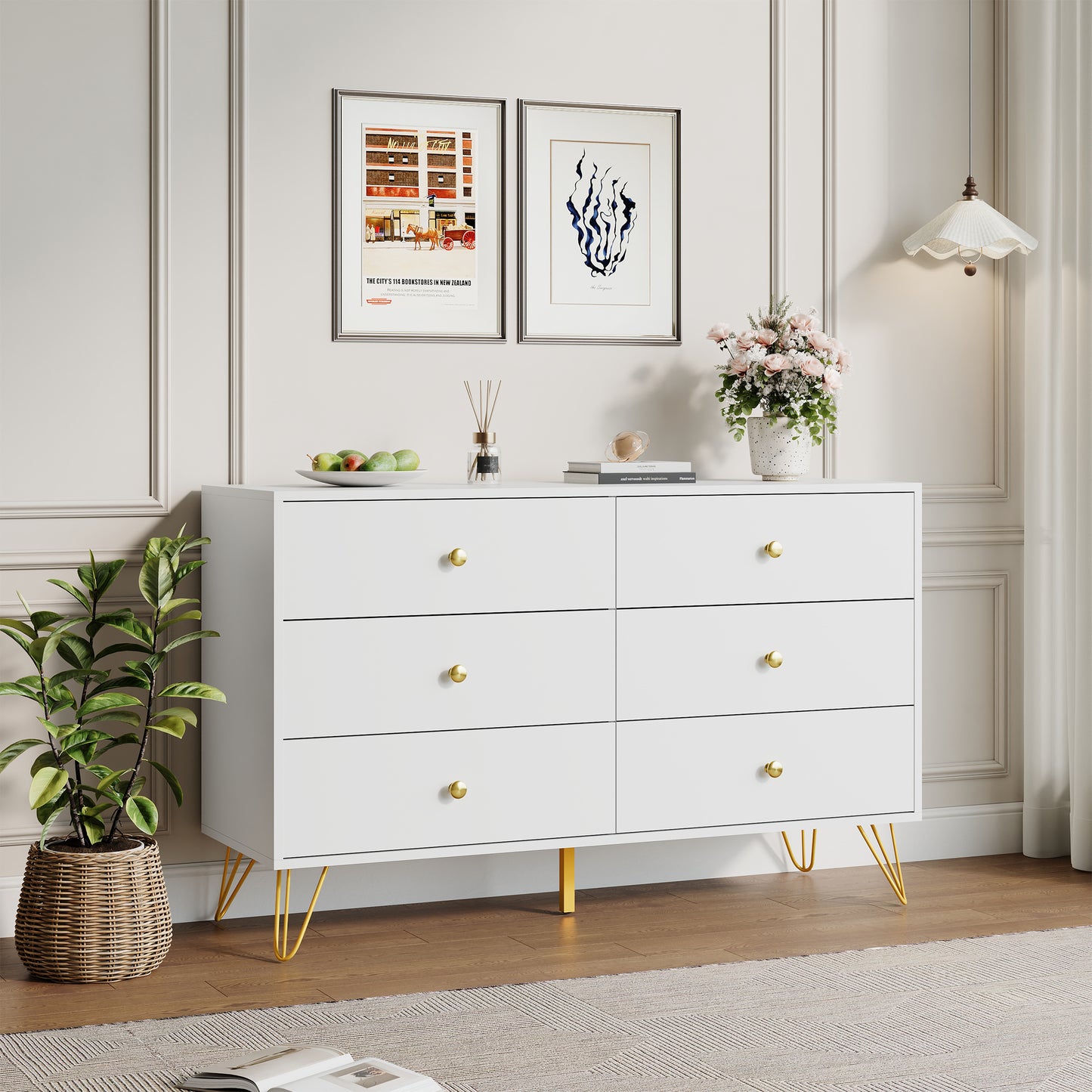 6 Drawer Dresser,Adult Chest of Drawers with Golden Handles & Legs for Bedroom,Living Room,Hallway,Nursery