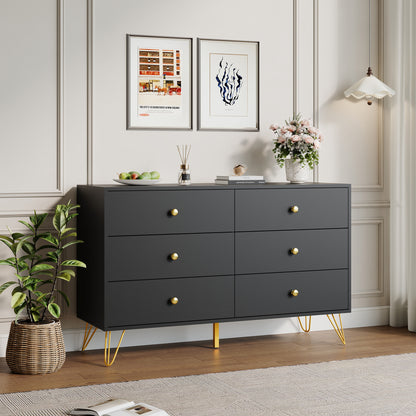 6 Drawer Dresser,Adult Chest of Drawers with Golden Handles & Legs for Bedroom,Living Room,Hallway,Nursery
