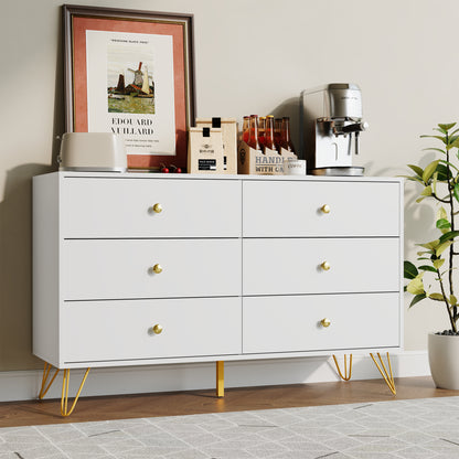 6 Drawer Dresser,Adult Chest of Drawers with Golden Handles & Legs for Bedroom,Living Room,Hallway,Nursery