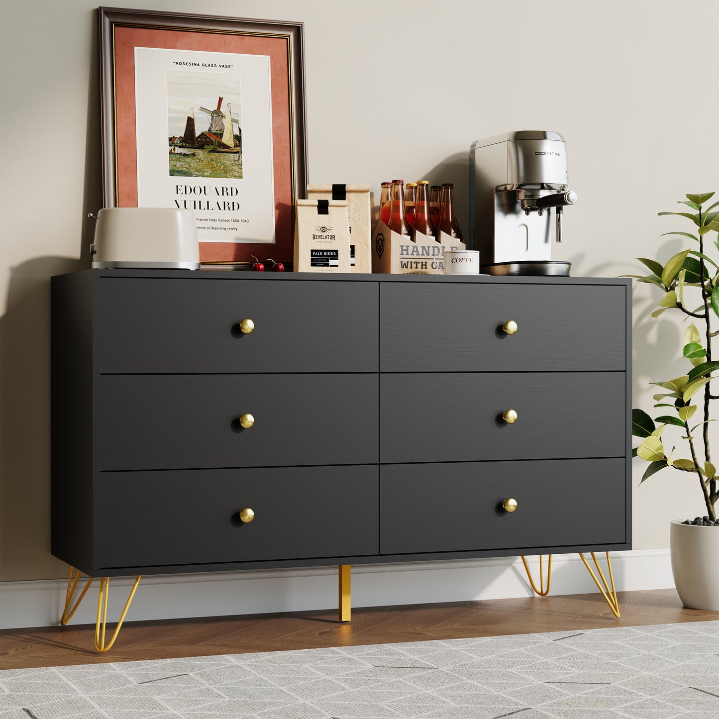 6 Drawer Dresser,Adult Chest of Drawers with Golden Handles & Legs for Bedroom,Living Room,Hallway,Nursery