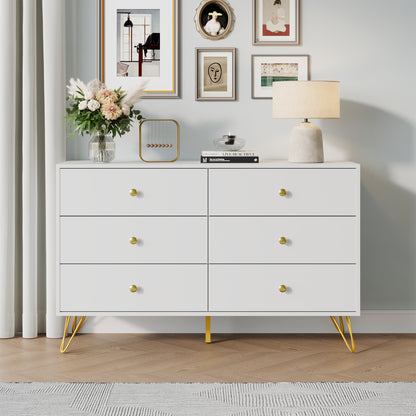 6 Drawer Dresser,Adult Chest of Drawers with Golden Handles & Legs for Bedroom,Living Room,Hallway,Nursery