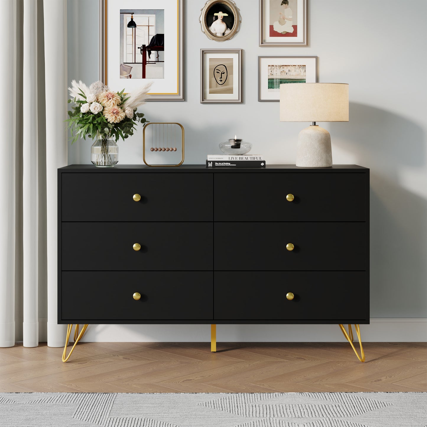 6 Drawer Dresser,Adult Chest of Drawers with Golden Handles & Legs for Bedroom,Living Room,Hallway,Nursery
