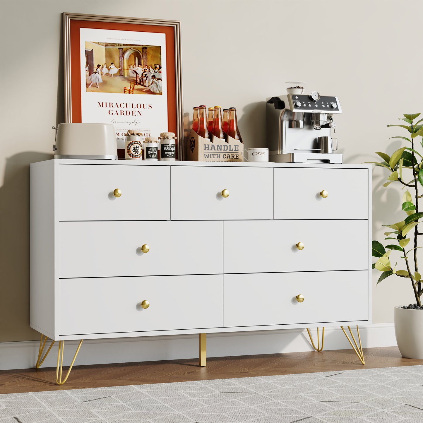 7 Drawer Dresser,Adult Chest of Drawers with Golden Handles & Legs for Bedroom,Living Room,Hallway,Nursery