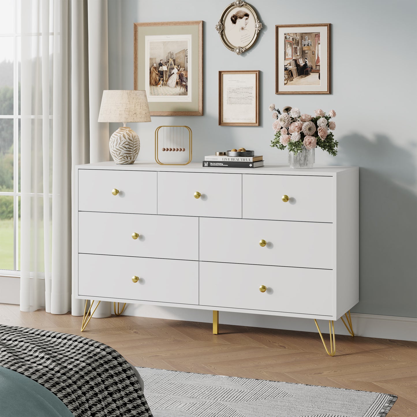 7 Drawer Dresser,Adult Chest of Drawers with Golden Handles & Legs for Bedroom,Living Room,Hallway,Nursery