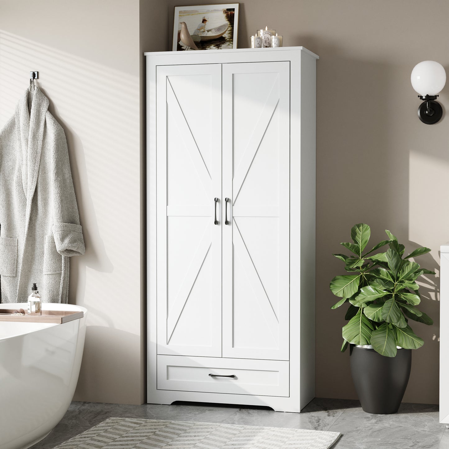 69" Tall Kitchen Pantry,Farmhouse Storage Cabinet with 2 Barn Doors 4 Adjustable Shelves and Large Drawer for Dining Room,Living Room,Bathroom
