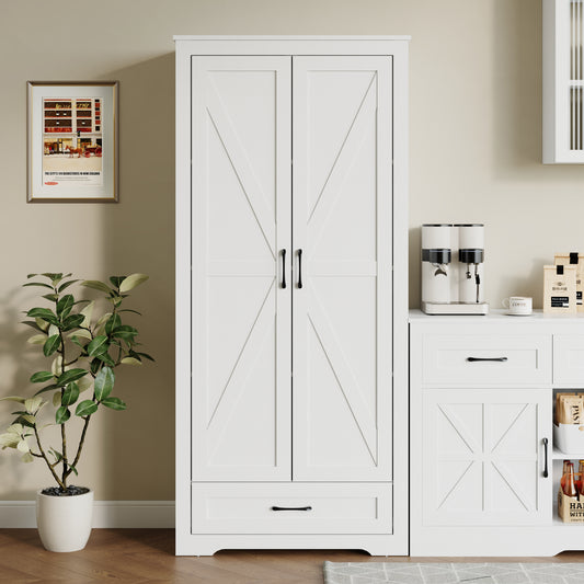 69" Tall Kitchen Pantry,Farmhouse Storage Cabinet with 2 Barn Doors 4 Adjustable Shelves and Large Drawer for Dining Room,Living Room,Bathroom